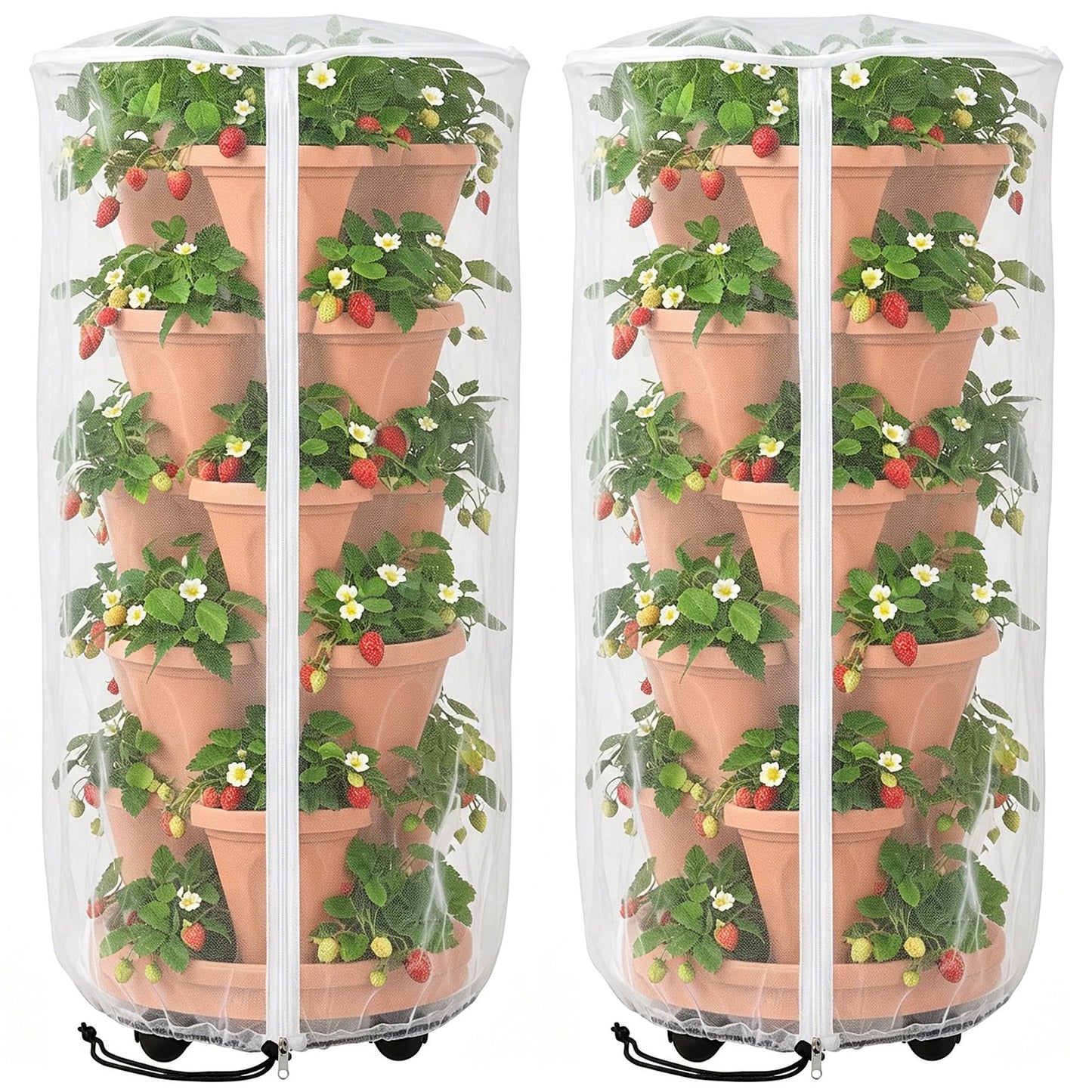 2 Pcs Vertical Plant Pot Insect Netting with Zipper, 39"x20" Stackable Planter Garden Net Cover, 3 to 5 Tier Planter Pot Insect Bird Barrier Protection Mesh for Strawberry Herb Flower Fruit Vegetable