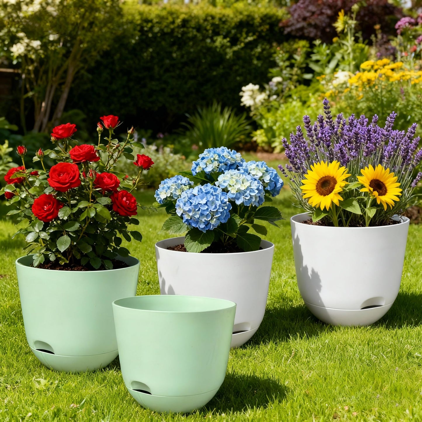 TINGMEIBESTLY Plant Pots 10 Inch Green Color Self Watering Pots, Set of 2 Plastic Planters with Drainage Holes and Saucers,Plastic Flower Pots,Nursery Planting Pot for Indoor Out Door Plants