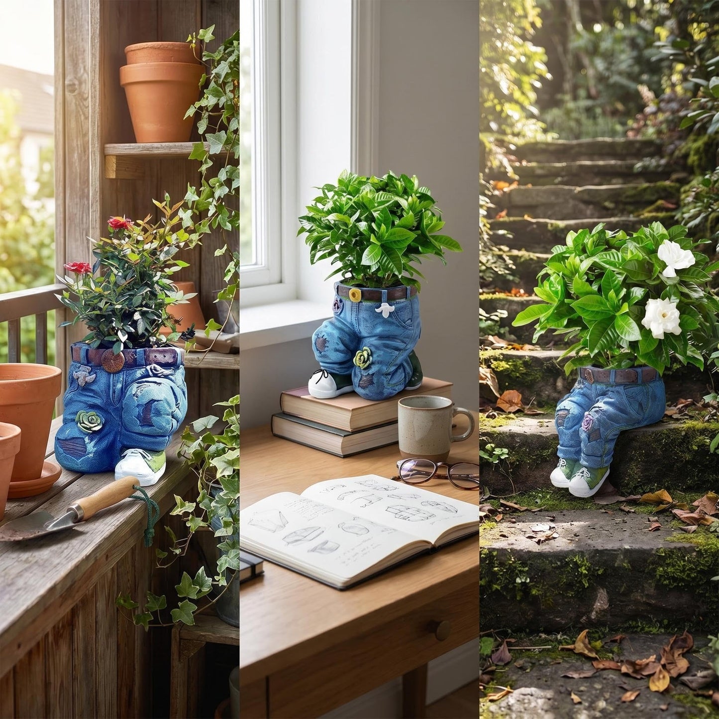 Doudouhua Creative Outdoor Planter,Flower Pot, Resin Cute Planters, Jeans Shape Garden Figurines Planter for Home Lawn Yard Outside Decor.Creative Outdoor Planter Flower Pot (Kneel Down on one Knee)