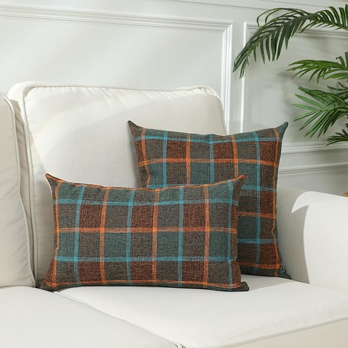 Stellhome Pack of 2 Lumbar Fall Linen Buffalo Check Throw Pillow Covers