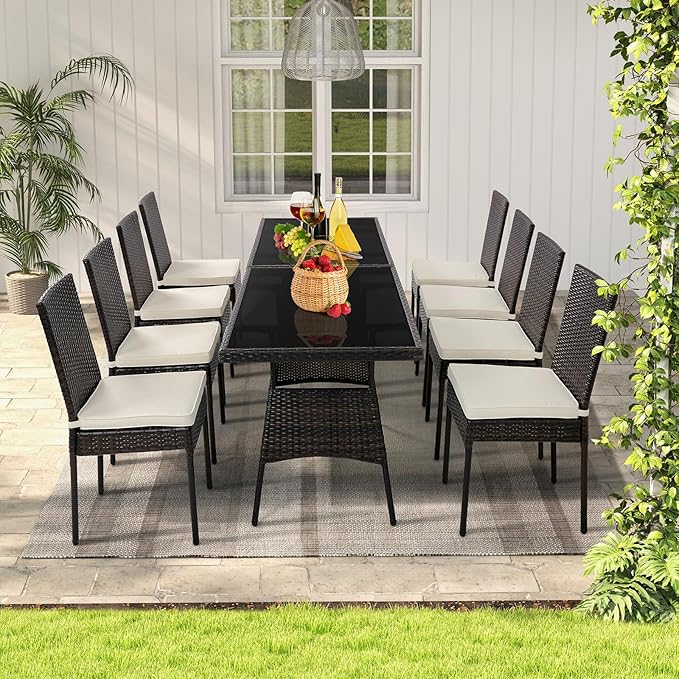 Tangkula 10 Pieces Wicker Patio Dining Set, Outdoor Rattan Table & Chairs Set