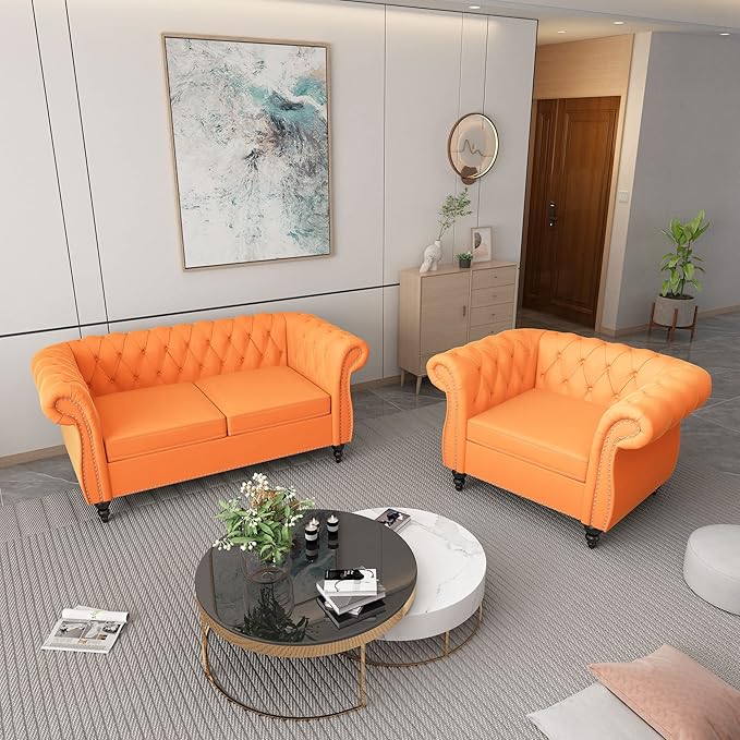 ORRD 2 Piece Living Room Set, Velvet Chesterfield Sofa Loveseat Couch Chair