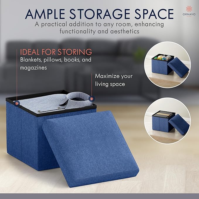Ornavo Home Small Storage Ottoman Foldable Collapsible Cube Square Linen
