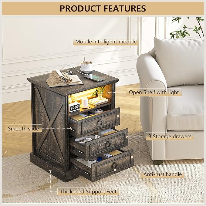 Nightstand Set 2 with Charging Station, Farmhouse End Side Table with 3 Drawers