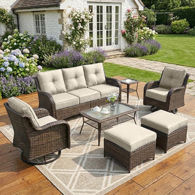 Patio Furniture Set, High Back Rattan Sofa & Swivel Rocker Chairs, Weather