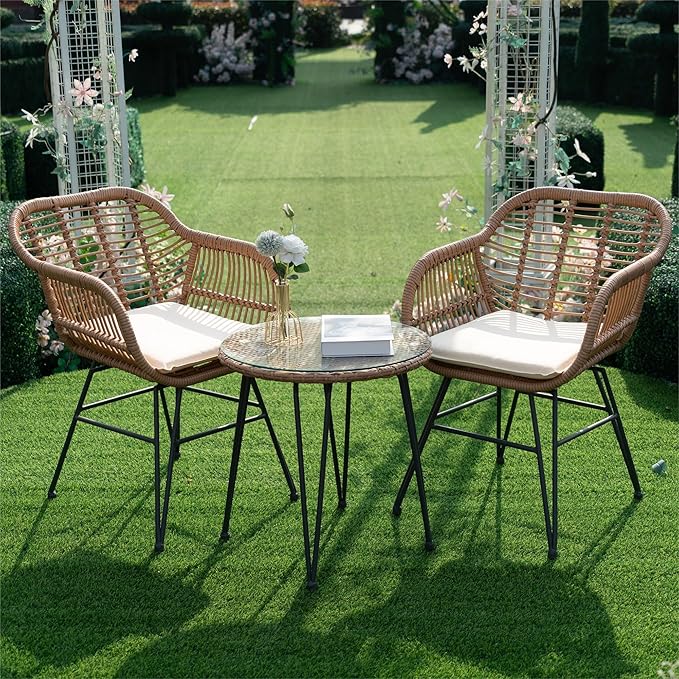 3 Piece Outdoor Wicker Furniture Bistro Set, Rattan Chairs Conversation Sets