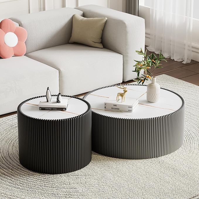 SSLine Round Drum Coffee Table Modern Sintered Stone Top Coffee Table in Grey