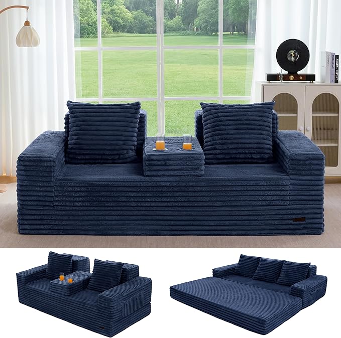 MAXYOYO Loveseat Sofa Bed, Striped Faux Fur Foldable Floor Sofa Couch in A Box