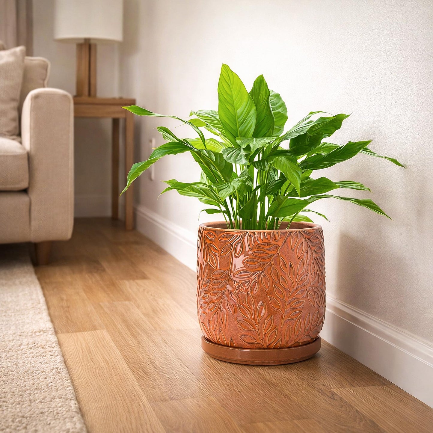 D'vine Dev 8 Inch Embossed Leaves Stoneware Planter Pot with Drainage Hole and Saucer, Pumpkin, 27-A-Q-J