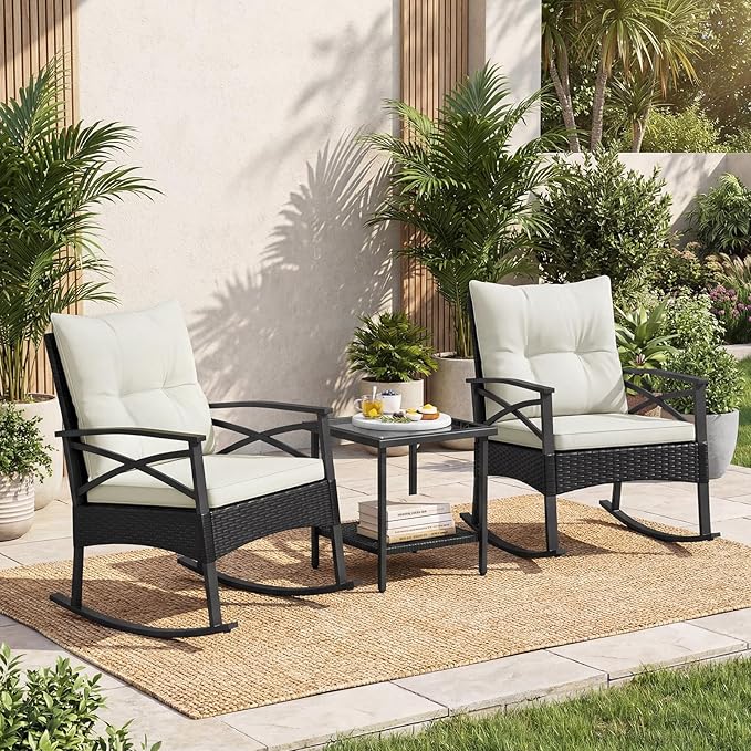 Tangkula 3 Pieces Outdoor Rocking Chairs Set, Rattan Heavy Duty Cushioned