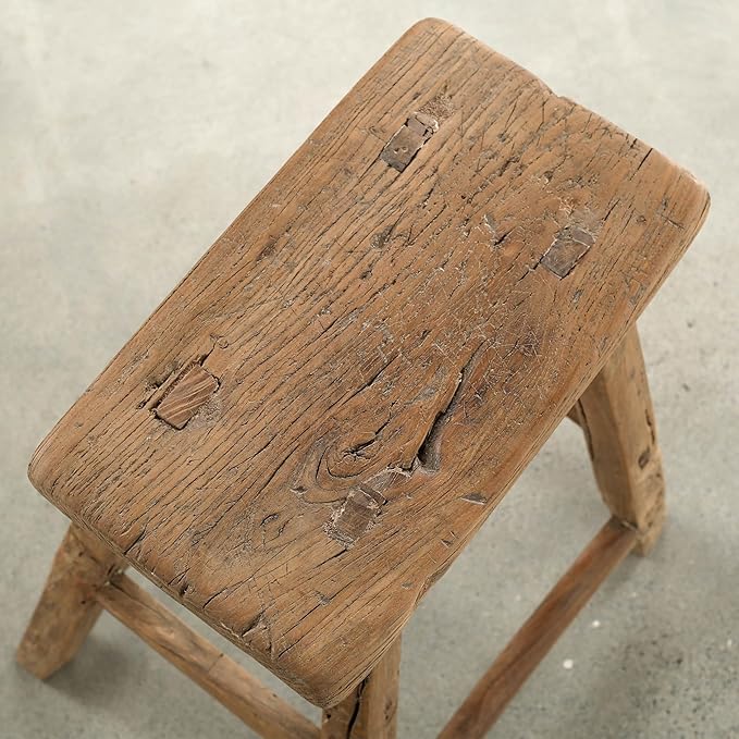 Artissance Vintage Wooden Stool, Solid Natural Wood 12–20" W x 6–9" D x 18–22" H