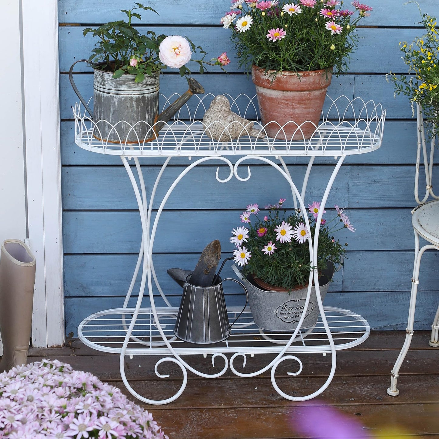White Oval Plant Stand with Lattice Base, French Entryway Decor for Plants, Elegant Floor Flower Pot Holder Garden Decoration