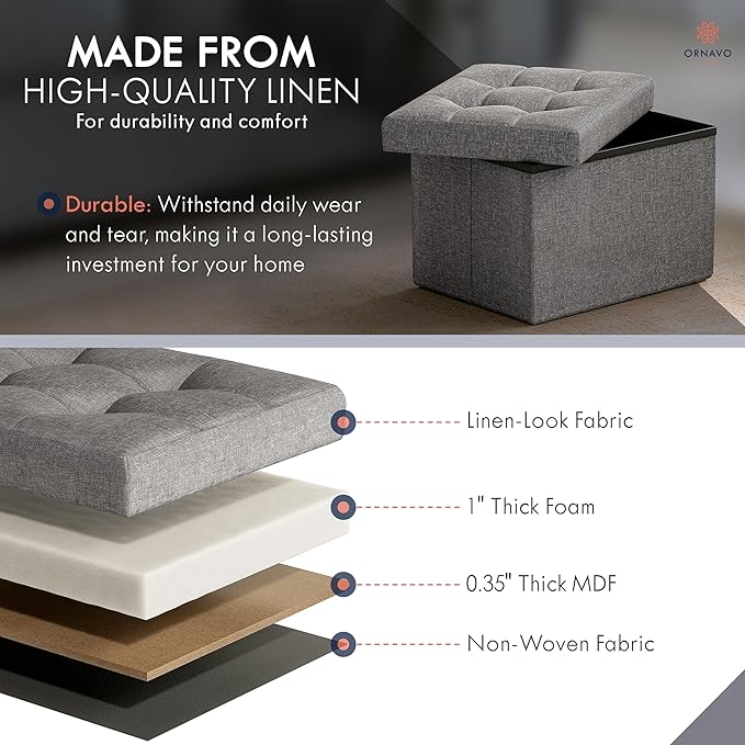 Ornavo Home Small Storage Ottoman, Foldable Collapsible Rectangle Linen Ottoman