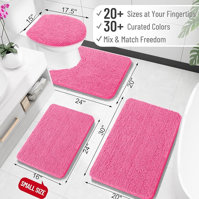 OLANLY Toilet Rugs U-Shaped 20x20, Extra Soft Absorbent Chenille Contour Bathroom Rugs for Toilet, Dry Quickly, Machine Washable, Non-Slip Bath Mat, Hot Pink