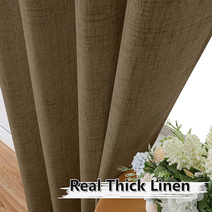 Tollpiz Linen Curtains Living Room Rod Pocket Semi Sheer Curtain Burlap Light Filtering Thick Linen Drapes for Bedroom, 38 x 63 inches Long, Brown, Set of 2 Panels