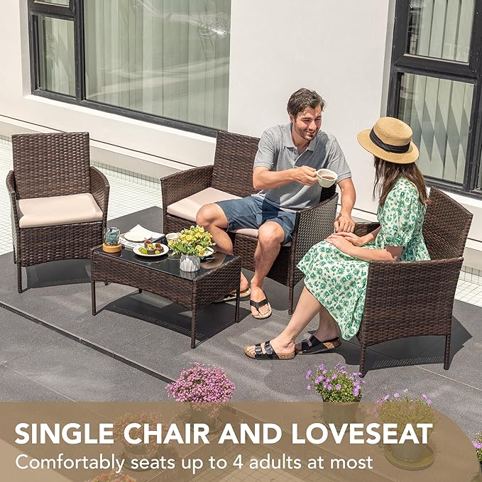 Devoko 4 Pieces Outdoor Patio Furniture Set, PE Rattan Wicker Chairs Balcony