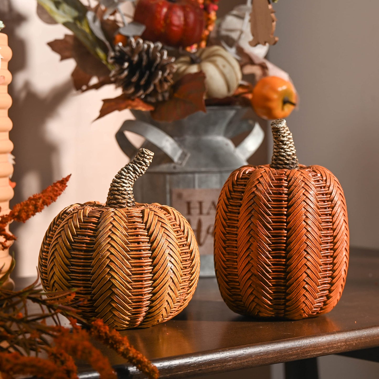 Valery Madelyn Thanksgiving Fall Decoration for Home Pumpkin Decor, 2pcs Resin Statue Artificial Rattan Pumpkins Figurine, Autumn Harvest Halloween Table Centerpieces, 6.2 inch