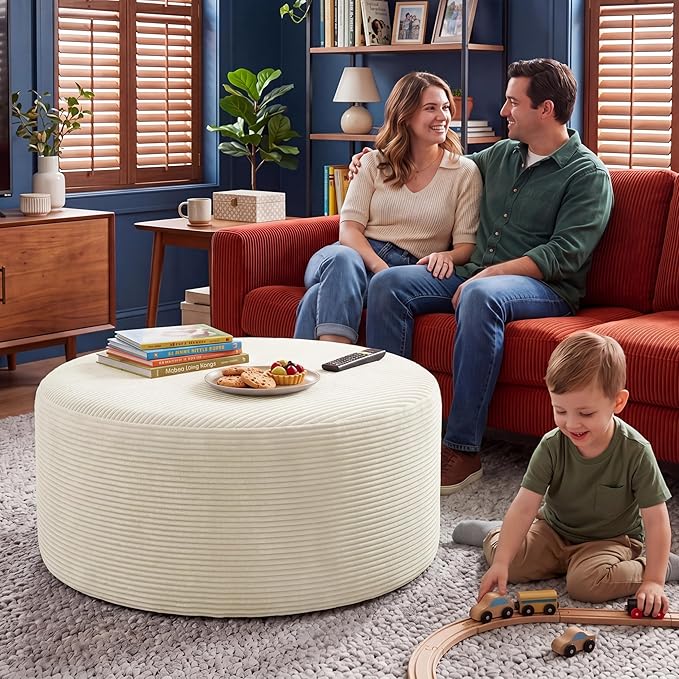 BSHOMGI Round Ottoman, Corduroy Ottomans Foot Stool, 27.5" Pouf Footstool