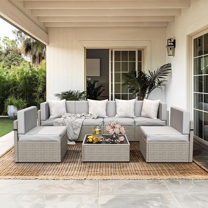 Pamapic 7 Piece Outdoor Sectional Furniture Set, All-Weather Wicker Patio