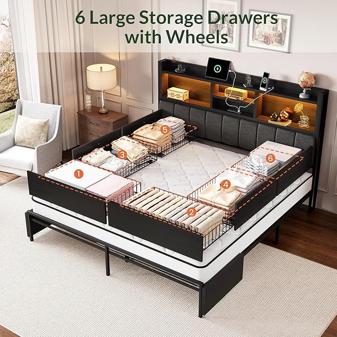 LARMACE Queen Bed Frame with 6 Storage Drawers, Bed Frame Queen Size with Linen