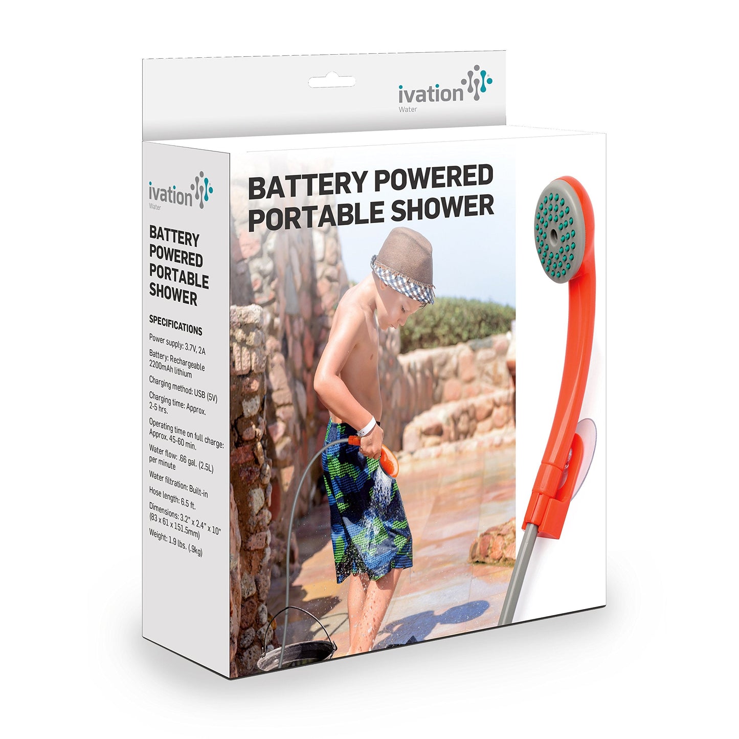 Ivation Portable Outdoor Shower, Battery Powered - Compact Handheld Rechargeable Camping Showerhead - Pumps Water from Bucket Into Steady, Gentle Shower Stream