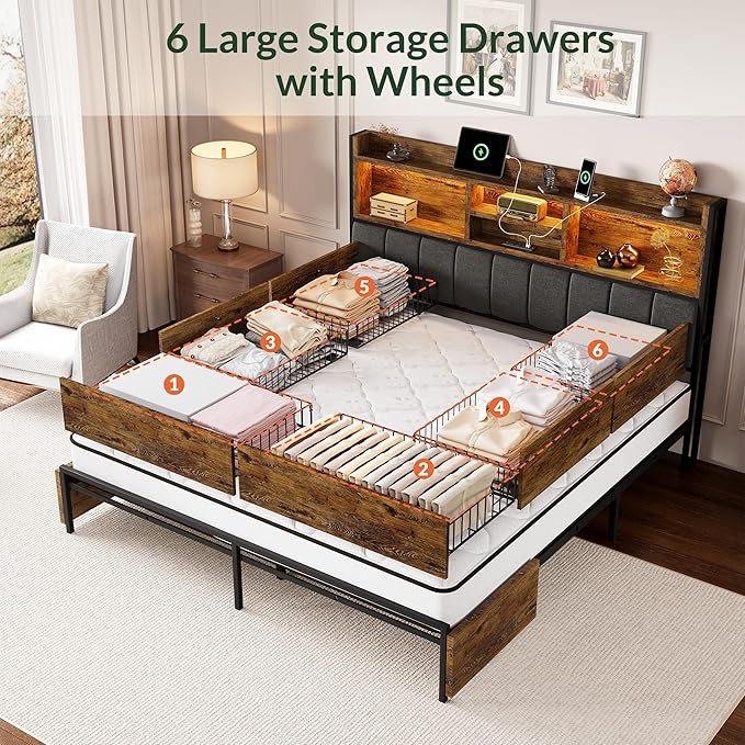 LARMACE Queen Bed Frame with 6 Storage Drawers, Bed Frame Queen Size with Linen