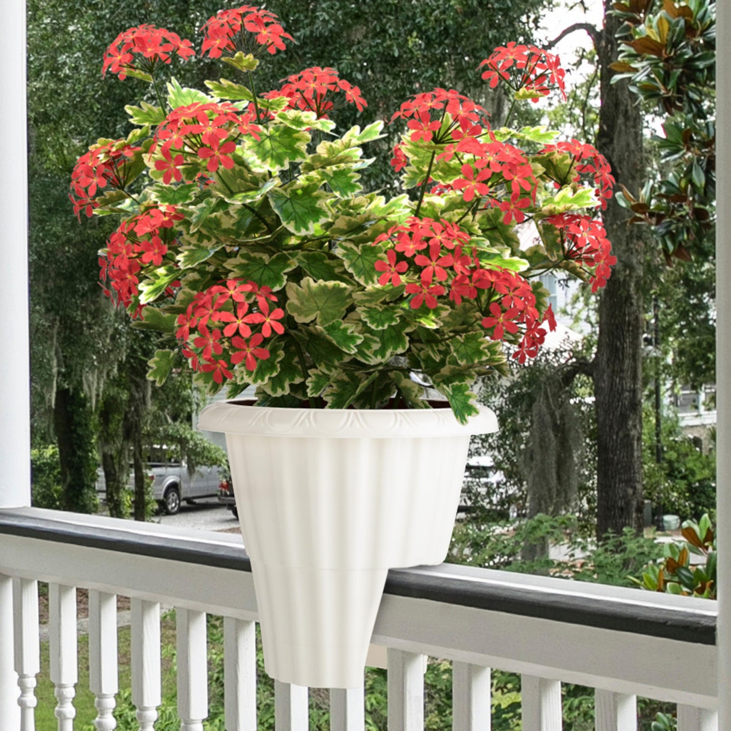 Railing Planter Box 2-Pack - 13.5-Inch Round Outdoor Flower Pots with Drainage Inserts - 2.64-Gallon Outdoor Planters for Porch, Deck, Fence, or Balcony Railings 3” - 3.75” Wide by Pure Garden (White)