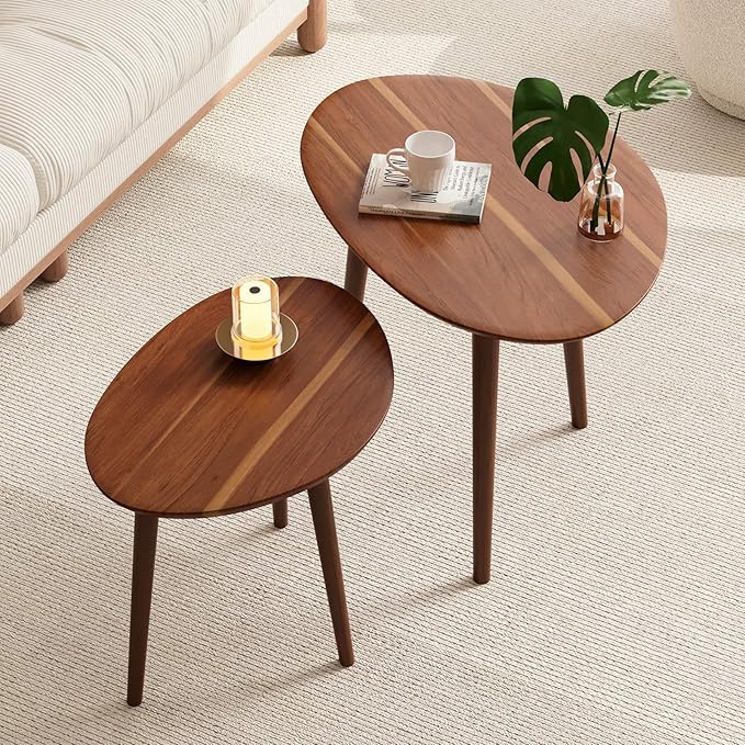 Small Oval Coffee Tables Set, Acacia Wood Nesting Tables（25.6"x17.7"+17.7"x13.4"
