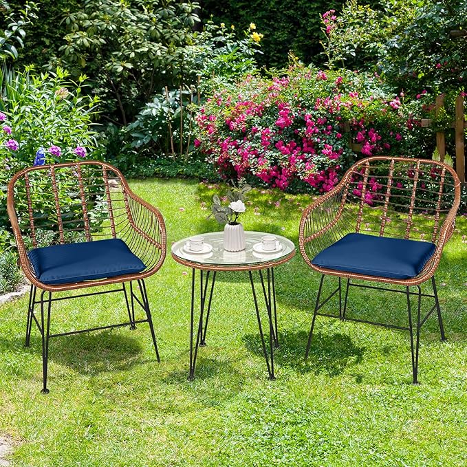 Tangkula 3 Pieces Patio Conversation Bistro Set, Outdoor Wicker Furniture