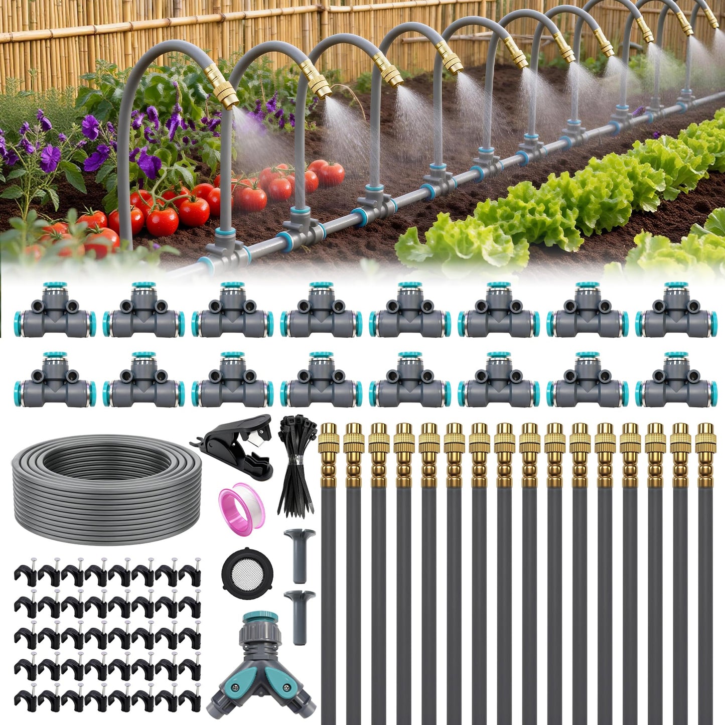 Drip Irrigation System 100FT 1/4", 360°Adjustable Garden Watering System with 16pcs Copper Nozzles, Drip Irrigation Kit for Outdoor Plants, Greenhouse Watering System