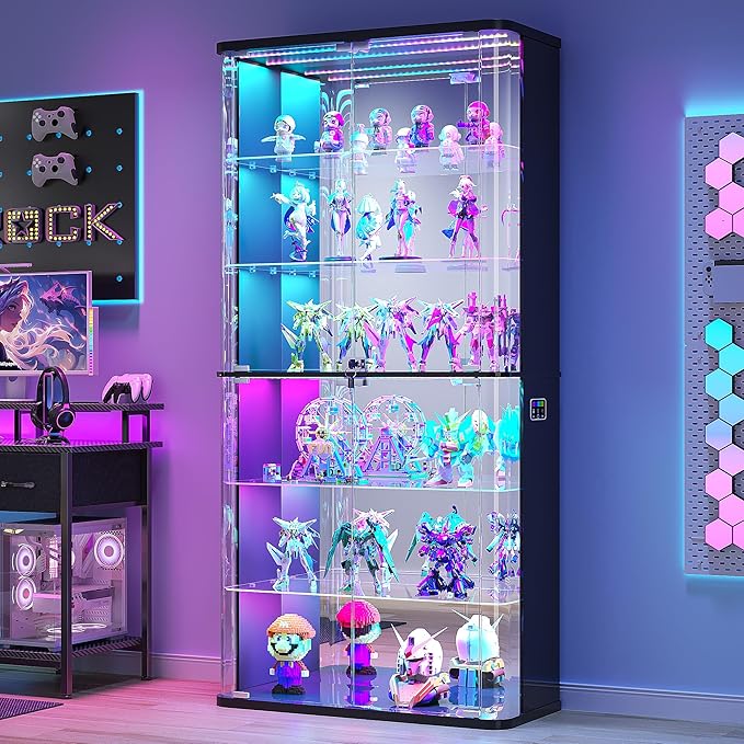 71" Tall Display Cabinet with Glass Doors, Rounded Curio Cabinet with Motion