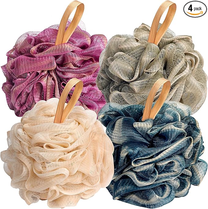 Fishent Loofah Bath Sponge Shower Loofahs, 4 Pack 50g Soft Loofa Exfoliating Body Scrubber Mesh Shower Puff Pouf Ball Luffa for Men and Women(50g/pcs)