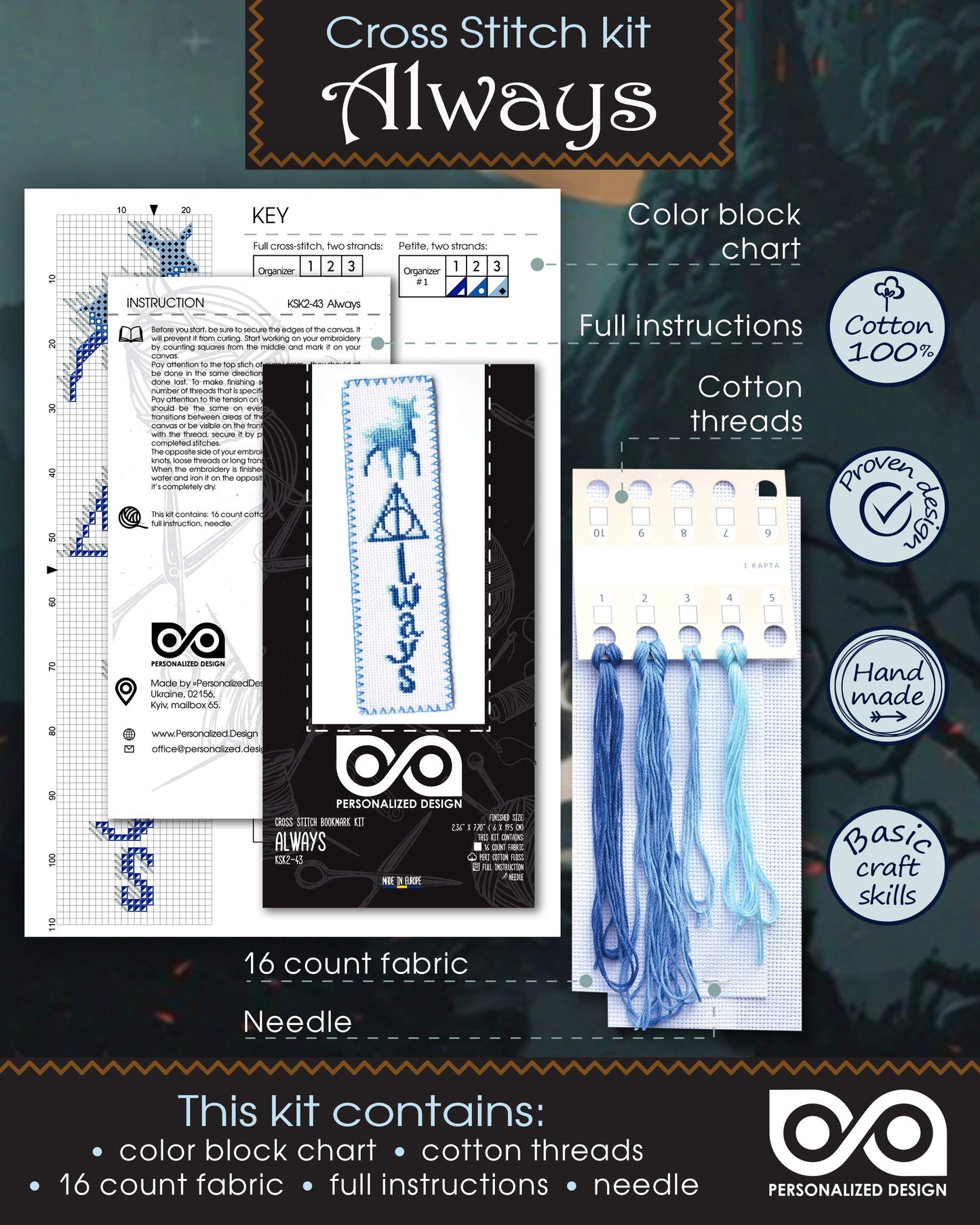 Personalized.Design Cross Stitch Kit for Beginners “Always” - Deathly Hallows DIY Embroidery Bookmark