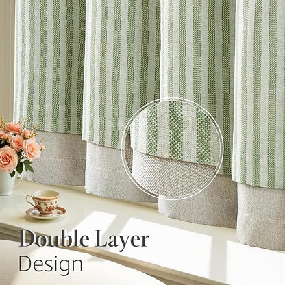 jinchan Double Layer Striped Linen Kitchen Tier Curtain Rustic Cafe for Living Room Bathroom Half Window Curtain Light Filtering Rod Pocket 1 Panel 24 Inch Sage Green