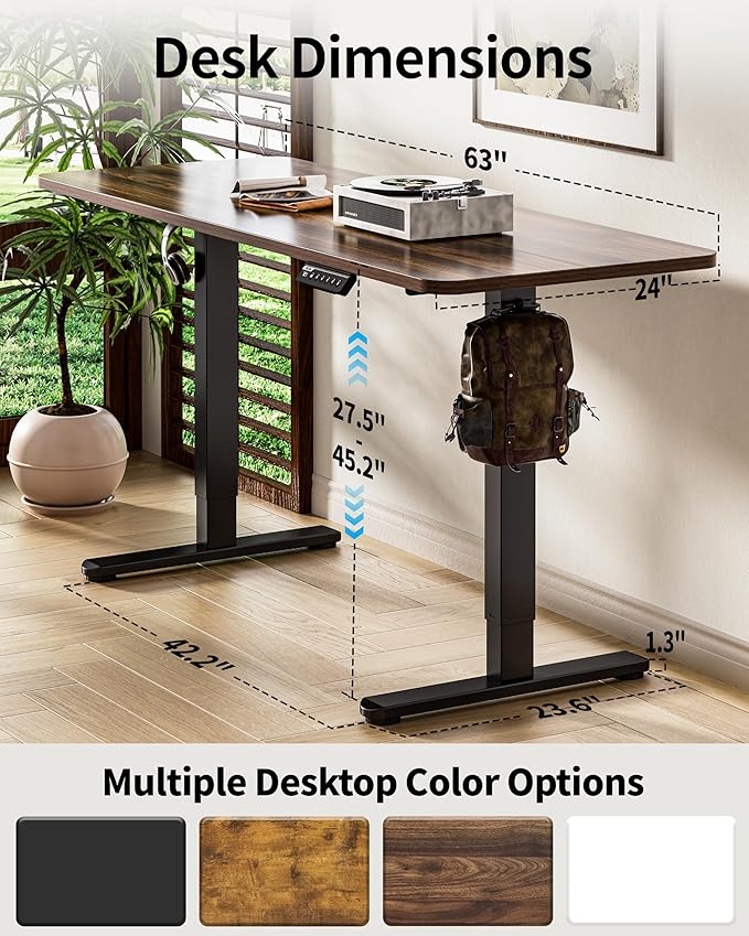 BIZUM Electric Standing Desk 63 x 24 Inch Computer Desk-Gaming Desk Dark Walnut