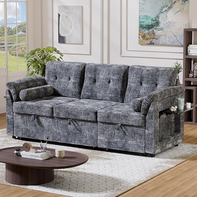 Convertible Sleeper Sofa Bed, 63 Inch Chenille Pull Out Couch