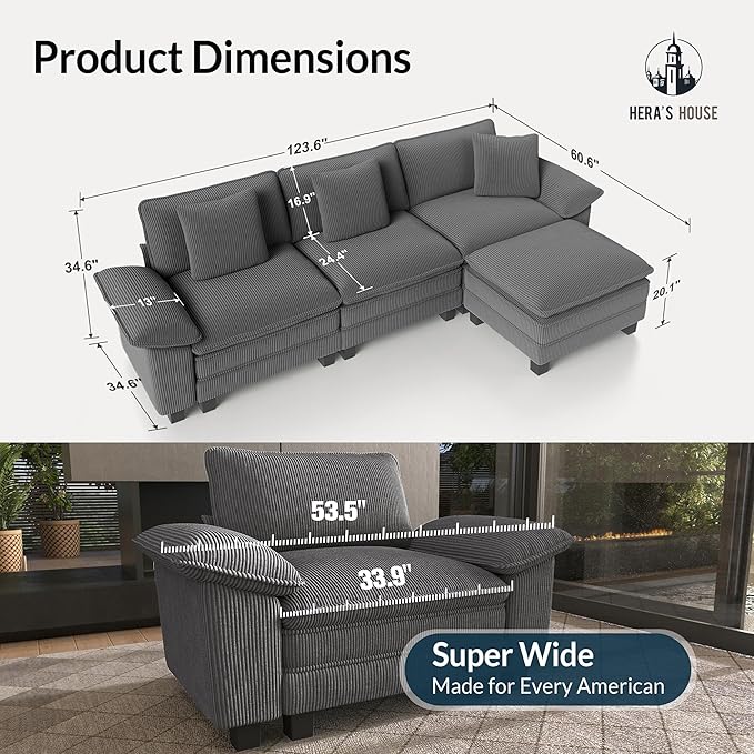HERA'S HOUSE 124" Modular Sectional Sofa, Oversized L Shaped Couches