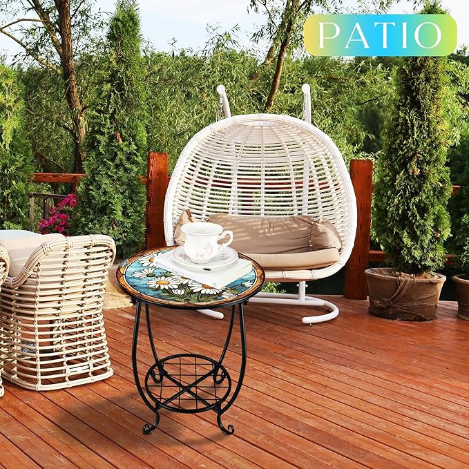 Cinnvoice Outdoor Side Table Round Small Mosaic Patio Accent Indoor End Plant