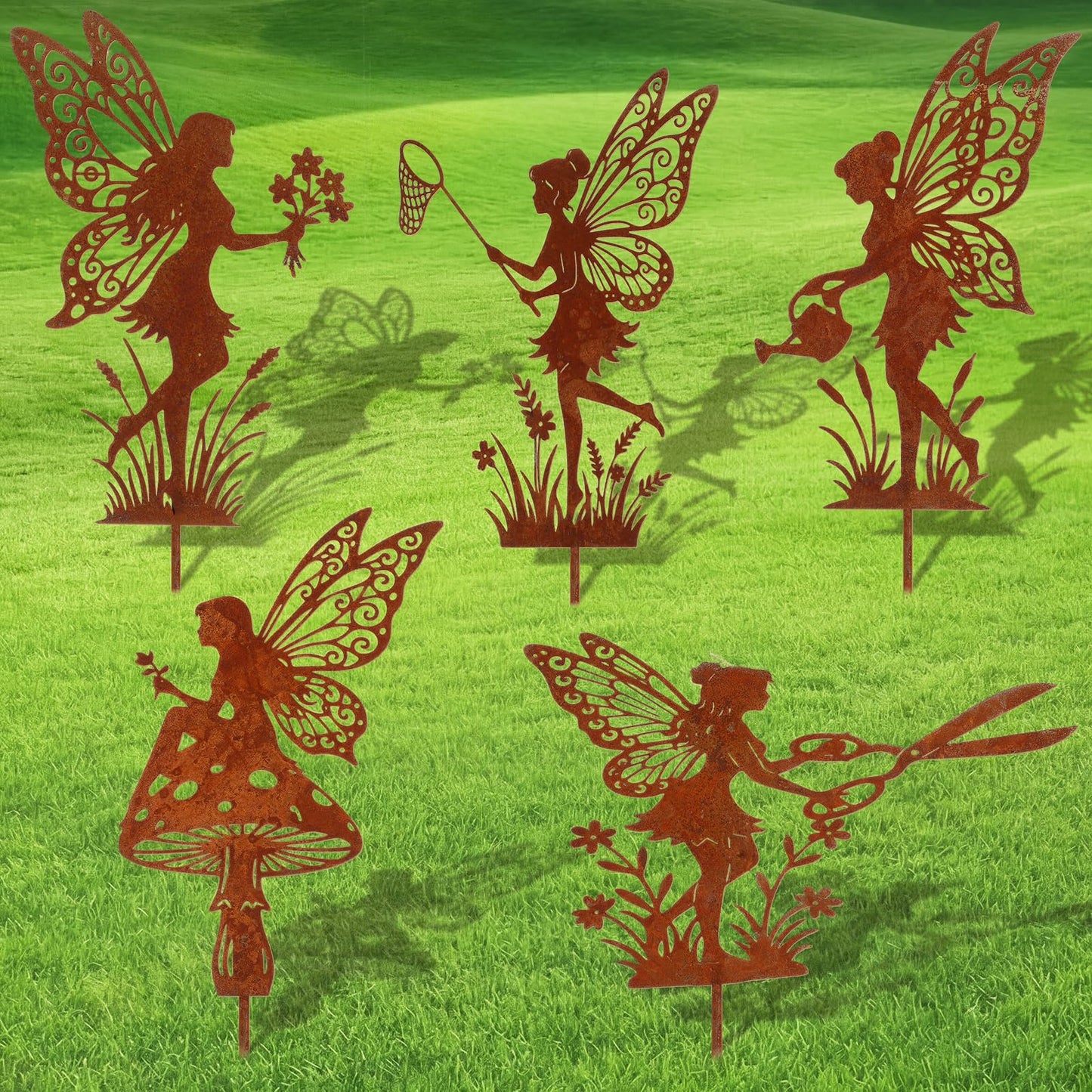 Novabright 5 Pcs Decorative Garden Stakes Metal Fairy Silhouette Set Stakes Outdoor Yard Art Decor Fairy Garden Sign for Lawn Flower Bed Planter Pot Landscaping(Rust)