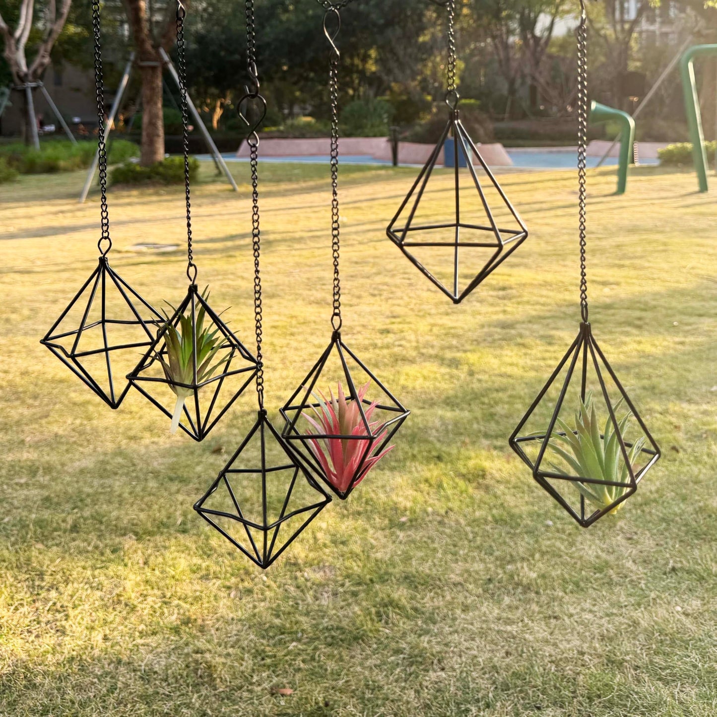PUDAPU 6 Pack Gold Diamond Hanging Air Plant Holders with Chains, Small Unique Metal Air Plants Live Holders for Tillandsia and Air Ferns, Indoor Hanging Planter Decor