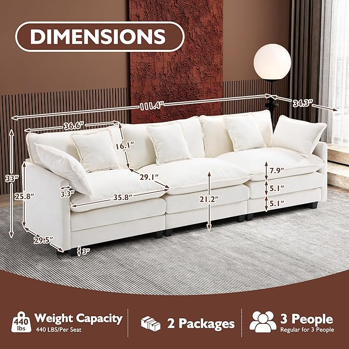 Ihanherry 111.4 Inch 3-Seater Cloud Sofa, Modular Sectional Couch, Modern Deep