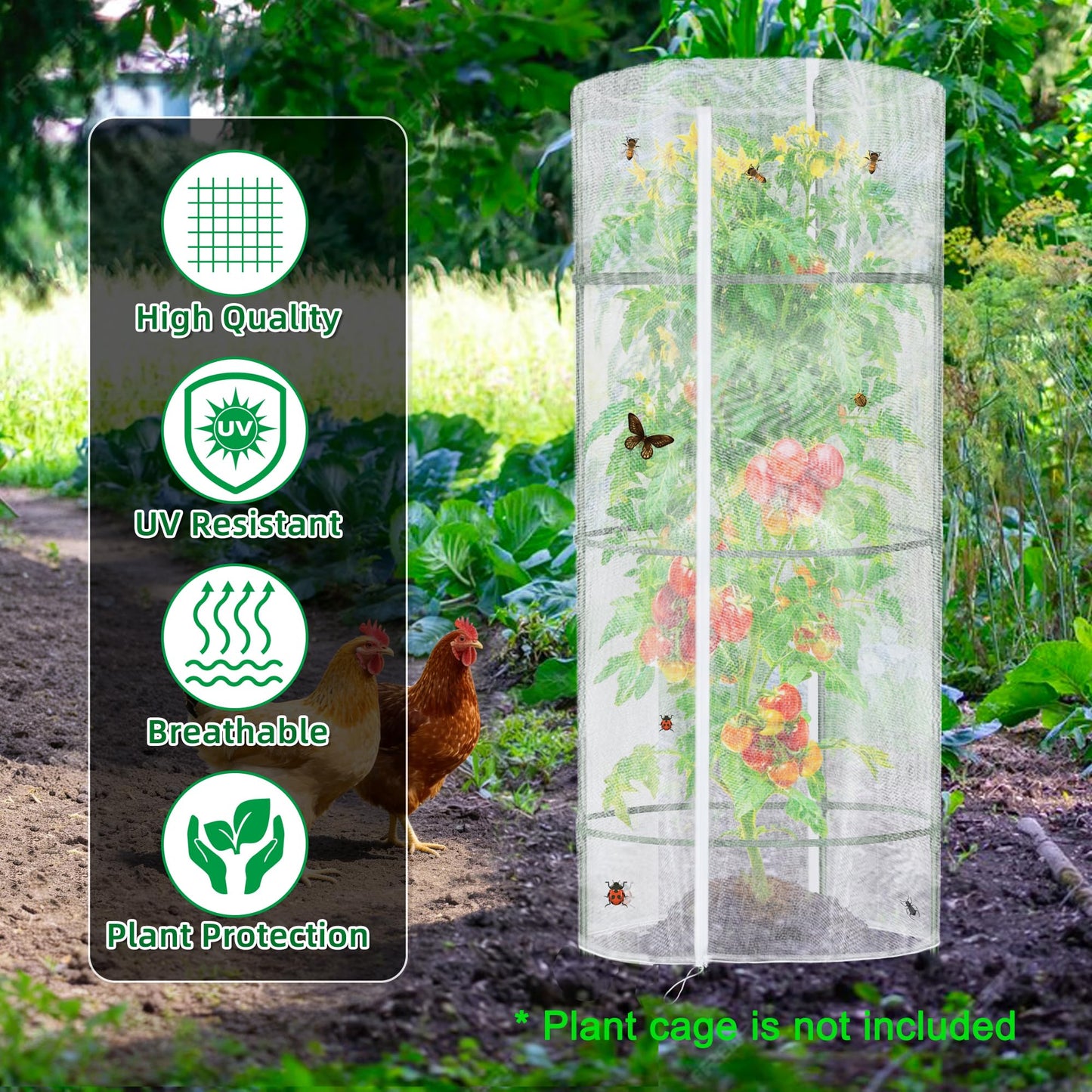 3 PCS Garden Netting for Round Plant Cage, 55" x 15" Tomato Cage Plant Cover Bird Netting Insect Barrier Mesh with Zipper, Tomato Trellis Garden Protection Net Cover for Climbing Plants Vegetables