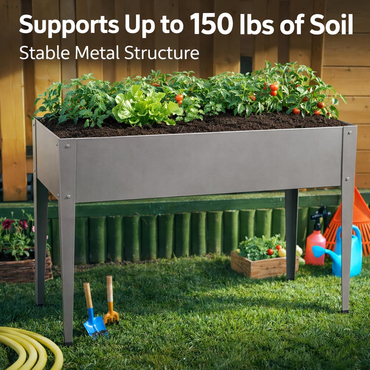 Gardzen Elevated Garden Bed Outdoor, Metal Herb Planter Box with Legs, Galvanized Steel Raised Planter, Drainage Hole, Easy Assembly Standing Planter for Patio Balcony Backyard, 40x12x31 in