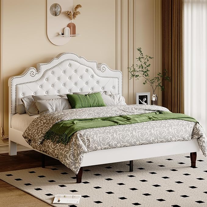 Allewie Queen Bed Frame with Adjustable Velvet Tiara Headboard, Upholstered
