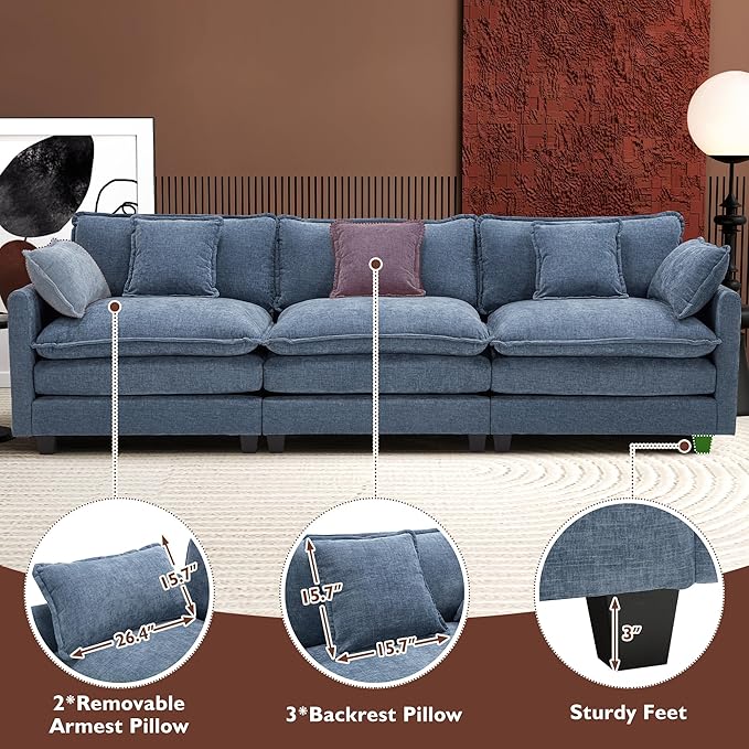 Ihanherry 111.4 Inch 3-Seater Cloud Sofa, Modular Sectional Couch, Modern Deep