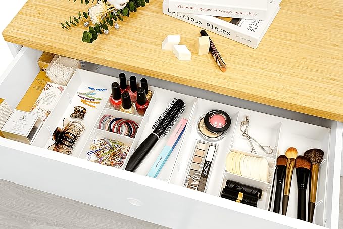 CAXXA 3 Slot Drawer Organizer with 4 Adjustable Dividers - Drawer Storage 7 Compartments Junk Drawer Organizer for Office Desk Supplies and Accessories, White
