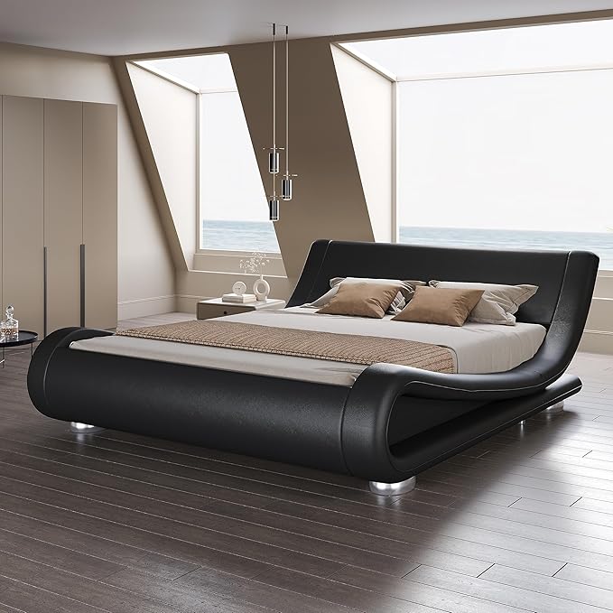 SHA CERLIN Queen Size Upholstered Bed Frame, Deluxe Low Profile Sleigh Bed