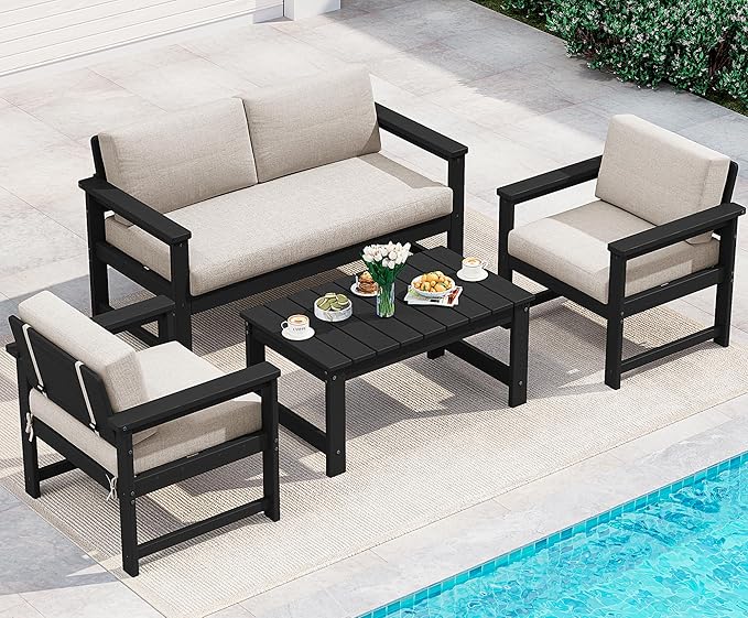 SERWALL 4-Piece Outdoor Patio Sofa Set, HDPE All-Weather Loveseat Sofa