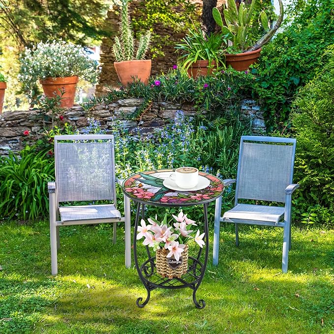 Cinnvoice Outdoor Side Table Round Small Mosaic Patio Accent Indoor End Plant