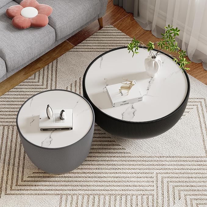 Round Marble Coffee Table Set of 2, 2 Piece White Coffee Table and End Table